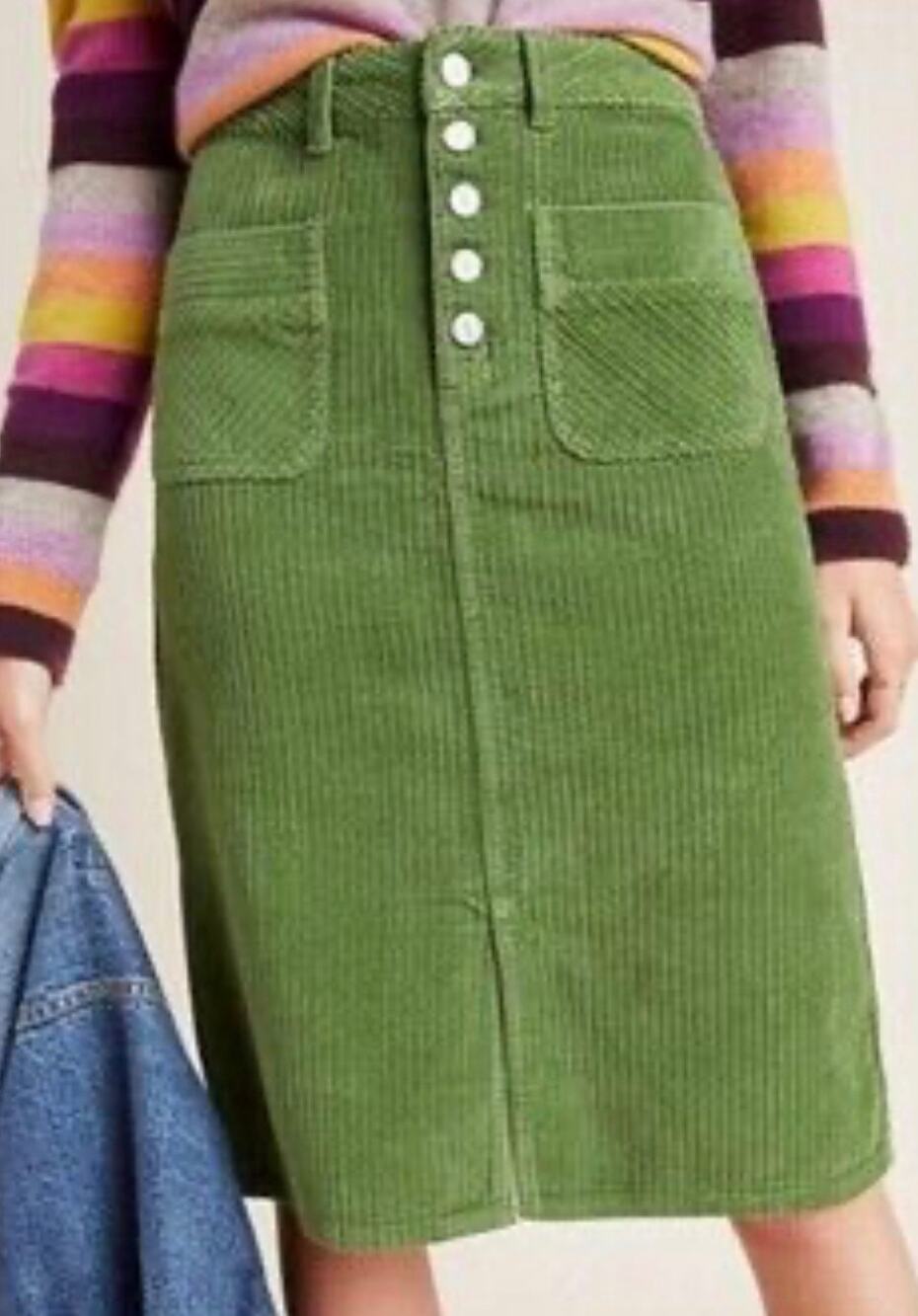 Anthropologie Pilcro Green Corduroy Button Fly Midi Pencil Skirt Size 8 FallCore